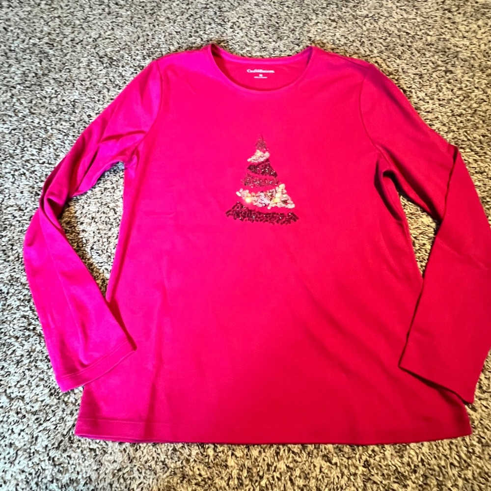 Croft & Barrow Pink Sequin Christmas Tree Long Sleeve Graphic Tee Shirt Womens M